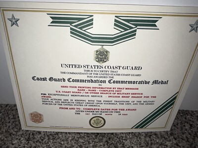 COAST GUARD COMMENDATION MEDAL COMMEMORATIVE CERTIFICATE ~ TYPE-2 w/PRINTING