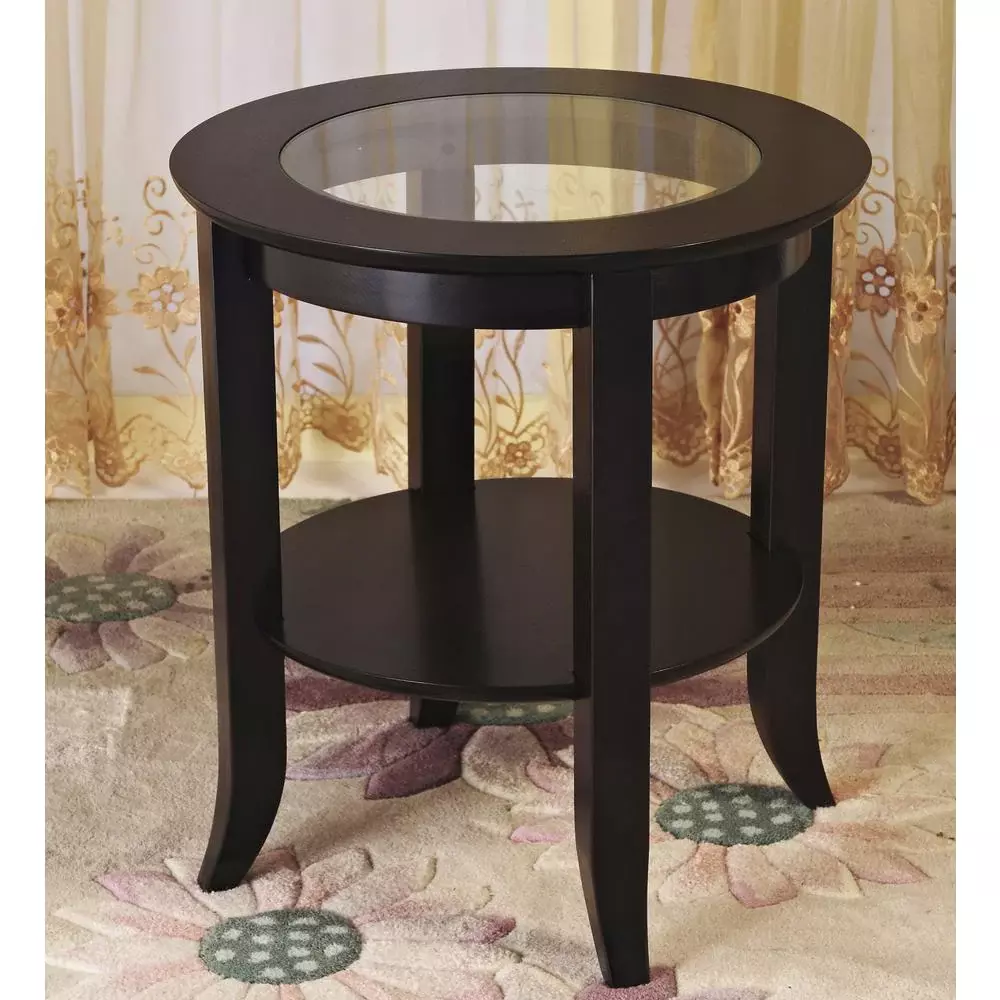 Wood Round End Table Flared Legs Clear Glass TableTop Espresso