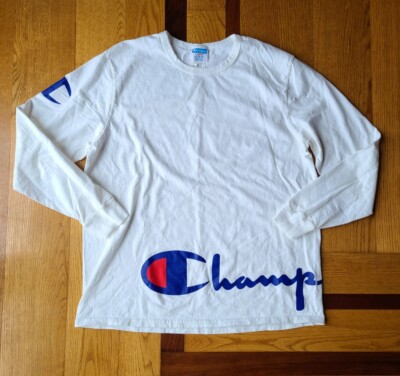 Vintage Champion Men's Bright White Long Sleeve T Shirt Spell Out Size  X-Large