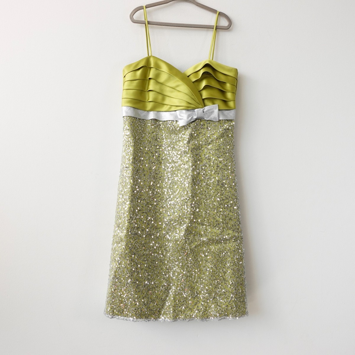 Green Sequin Mini Dress Cocktail Medium Silver Satin Strappy Glitter  Pleated Bow | eBay