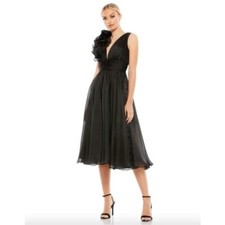 Mac Duggal  Sleeveless Chiffon A-Line Tea Length Cocktail Dress Plunge Neck 0NWT