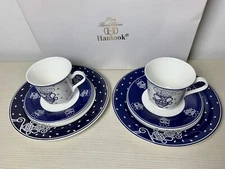 Hankook Tea Cup Saucer & Small Plate Venice Fine Bone China Blue & White Set 6