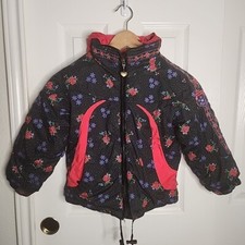 Obermeyer Kids Jacket Ski Coat I-Grow Size 4 Black/Red Floral Snowflakes Hooded