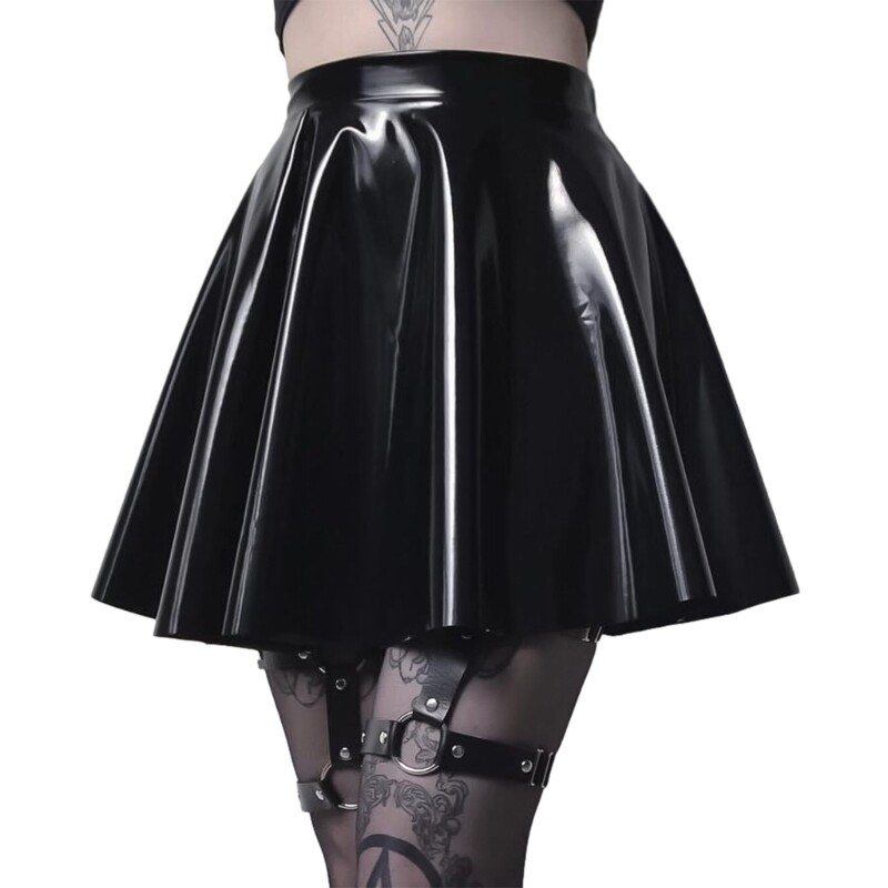 Women Ladies Sexy High Waist Faux Leather Wetlook Flare Skater