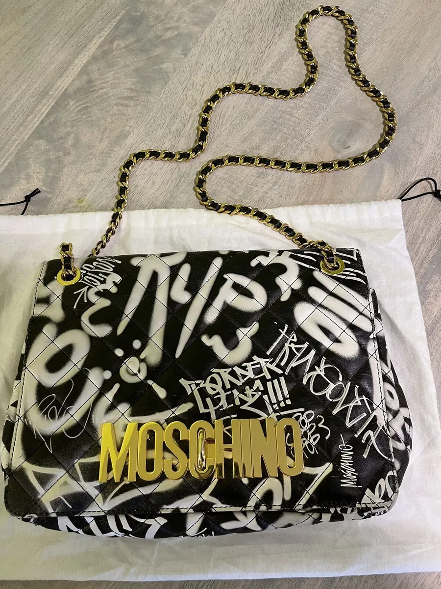 MOSCHINO Fall 2015 collection Black & White Graffiti Shoulder Bag RARE Gold  logo