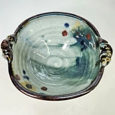 Studio Pottery Bowl Dish Signed Drip Glaze Celadon Brown Multi Color Handmade