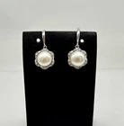 VTG White Pearl Clear Gemstone Halo Sterling Silver Dangle Hook Earrings - 3.5g