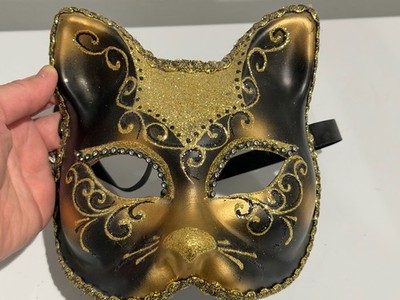 Hand Painted Venice Cat Mask Black Gold Masquerade Italian Carnival