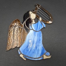 Vintage Stained Glass Angel Suncatcher Angel with Harp 10"
