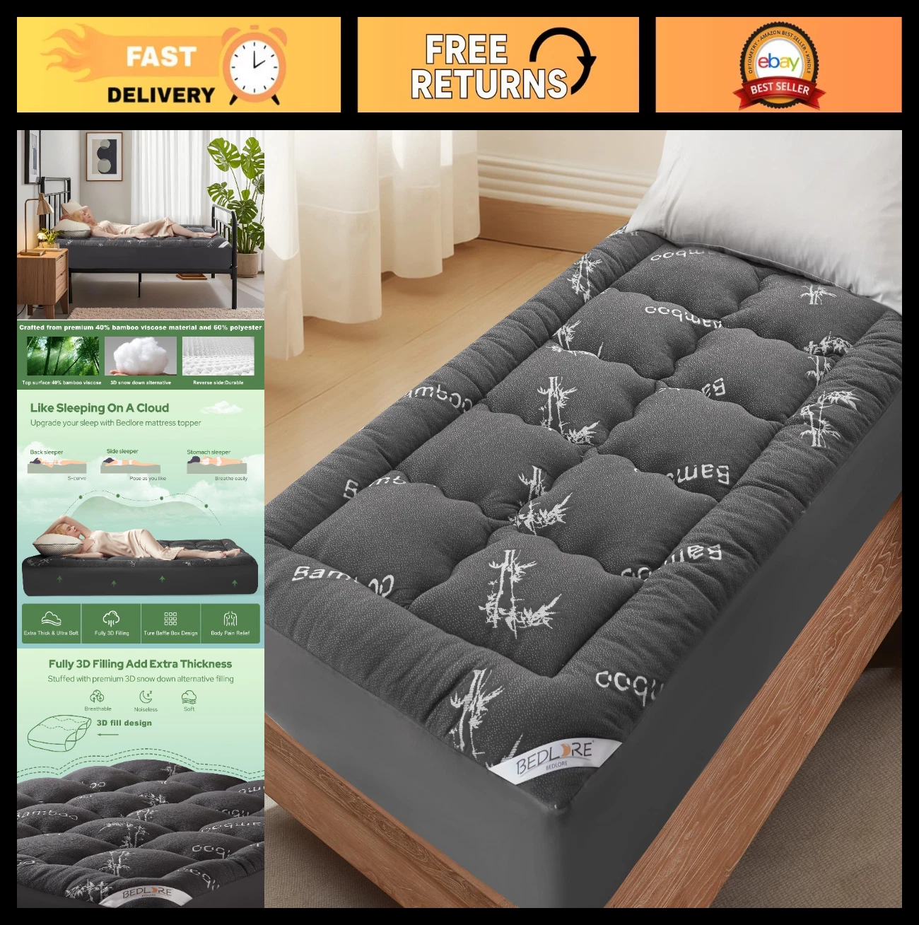 Thick Twin XL Mattress Topper - Soft Bamboo Viscose Pillow Top, Deep Pocket Pad
