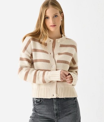 NWT KULE Edith Cream and Brown Striped Crewneck Button Front Wool Cardigan XL