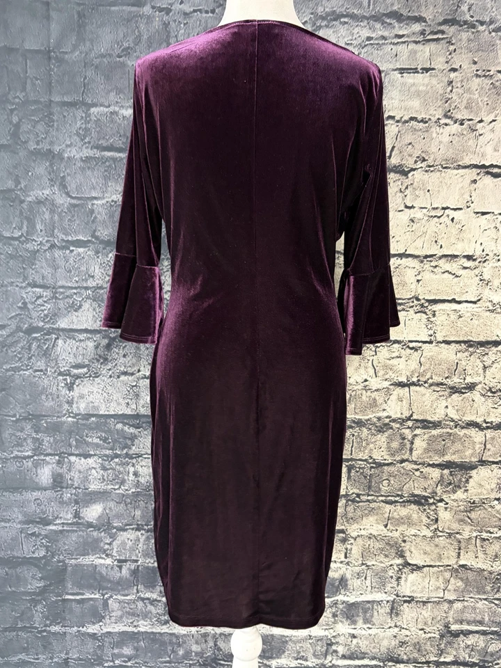 Lauren Ralph Lauren Dress Womens 10 Purple Velvet Ruched Bell Sleeve Sheath - Image 4 of 4