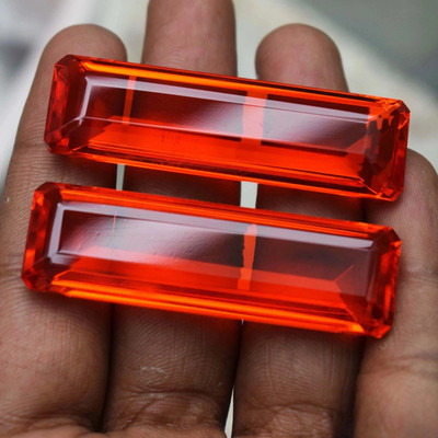160 CT Pair Flawless Red Orange Topaz Emerald Cut GIE Certified Loose Gemstone