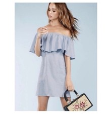 Reformation Tennessee Off Shoulder Blue Raffle Linen Dress