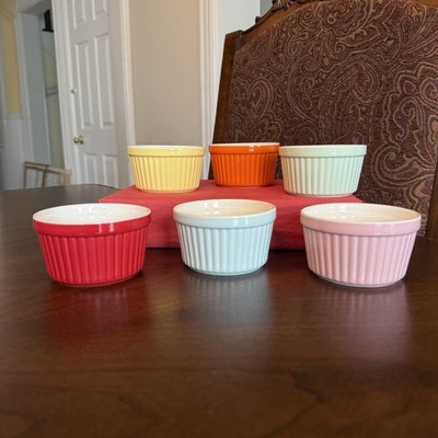 Set of 6 Colorful Porcelain Ramekins 6oz Oven Safe Creme Brulee / Souffle Dishes