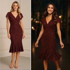 Mac Duggal 10801 Garnet Burgundy Sequin Ruffle Sleeve Midi Dress NWT Size 4