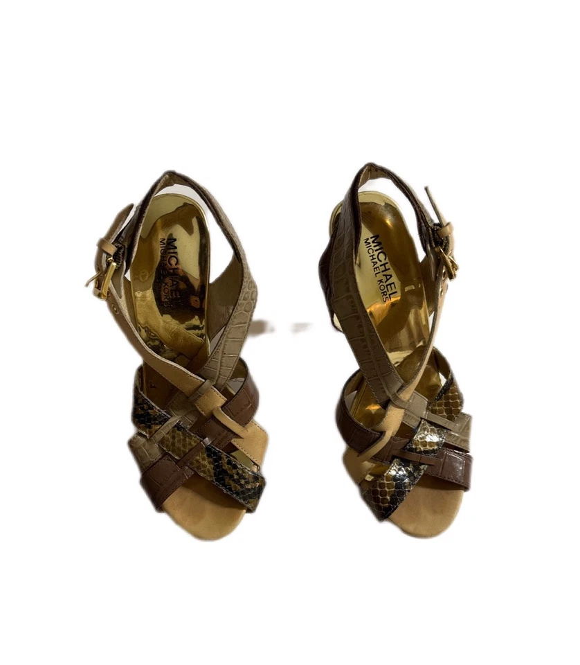 Michael Kors Niki Cross Strap 6M Bone Brown Heel Snake Leather Stiletto EUC - Image 2 of 4