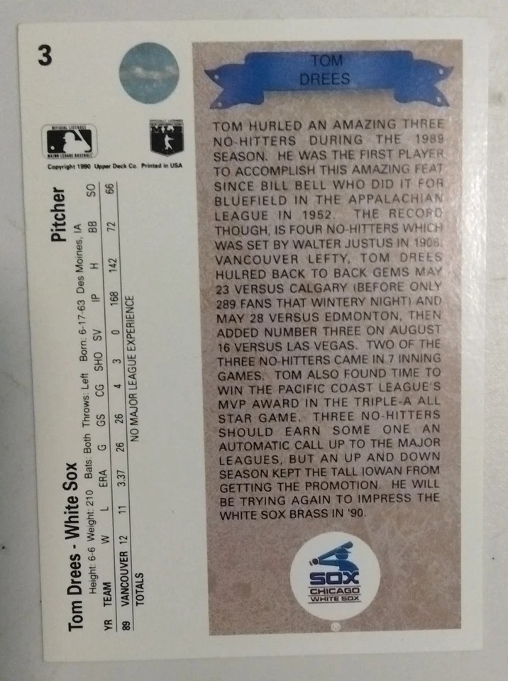 1990 Upper Deck - Tom Drees #3 (RC) With Insert - Image 2 of 2