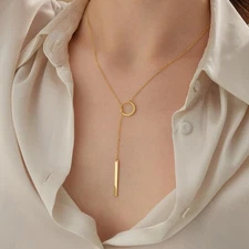 Gold Circle Bar Lariat Necklace Delicate Y Chain Modern Minimal Layering Piece