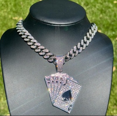 Royal Flush Pendant / Iced out Cuban Link Chain Necklace White Gold Plated