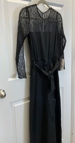 NWT ZARA Black Lace Contrast Ruffled Tie Waist Wide Leg Cropped Jumpsuit, MEDIUM