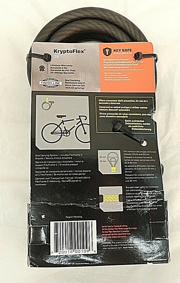 KRYPTONITE KRYPTOFLEX BICYCLE LOCK, NEW, 1218, KEY CABLE