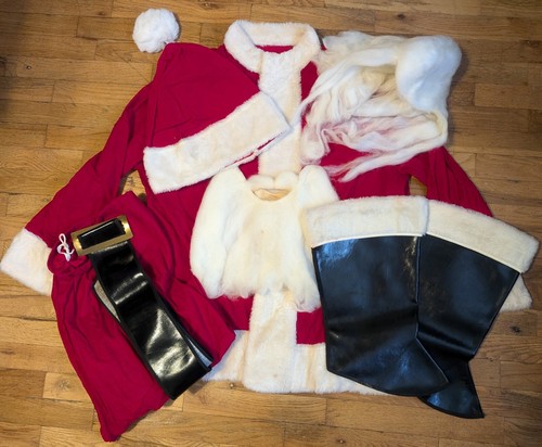Vtg Santa Claus Corduroy Suit - Christmas Costume Outfit w/ Boot Toppers - Flaws