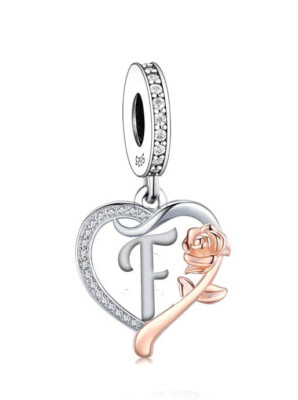 BUCHSTABE F NAME INITIALE HERZ & ROSE BAUMELN CHARM   ECHT 925 STERLING SILBER