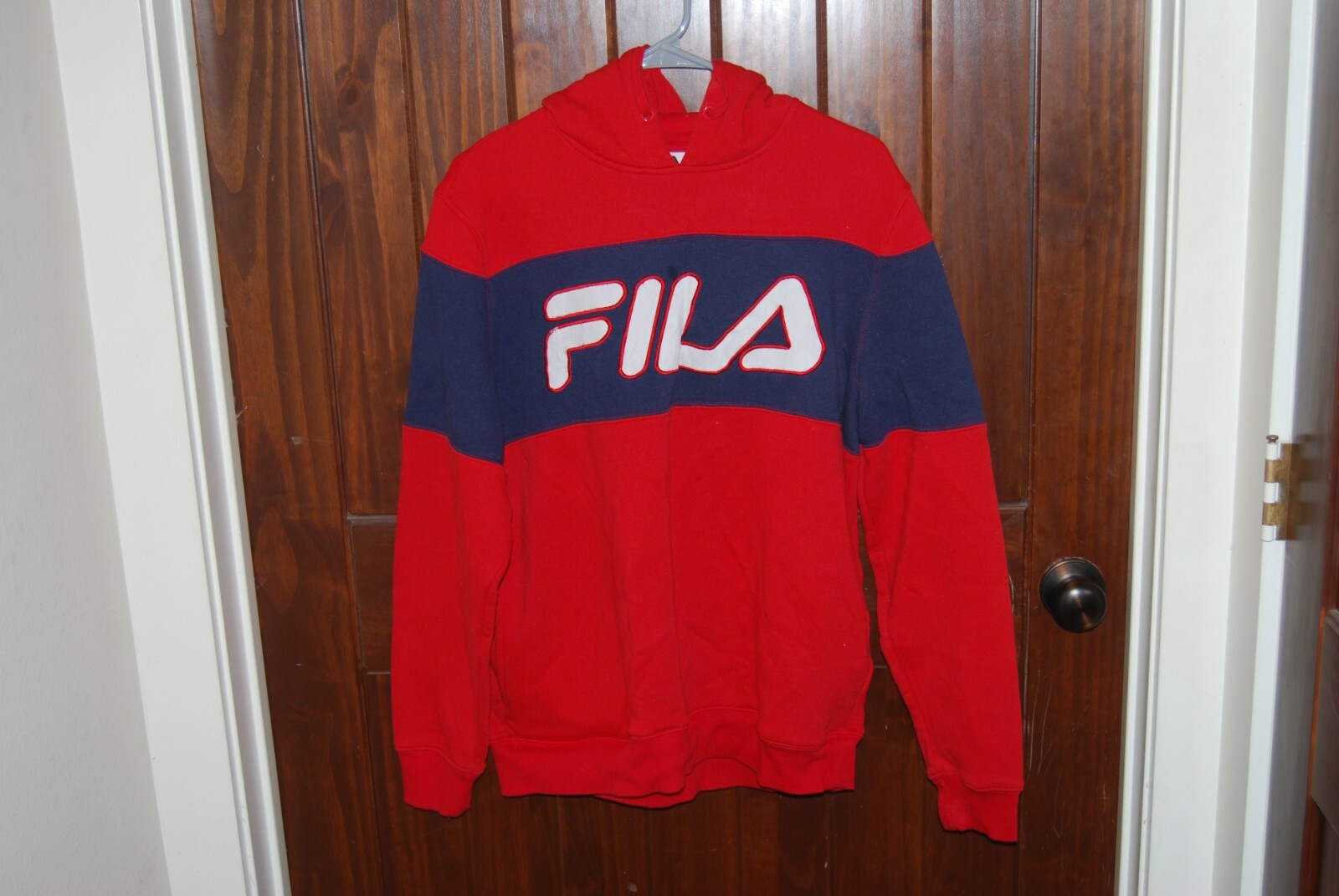 FILA Felpa con Cappuccio Tri Colore Bianco Logo Uomo Taglia Media Felpa Rosso Bianco Blu