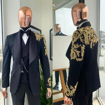 2 Piece Black And Gold Jacquard Sequins Men's Prom Suits - View #5