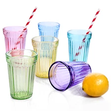STPGOODS Rainbow 6 pc Faceted Drinking Glass Set Stackable Water Glass 8.5 oz