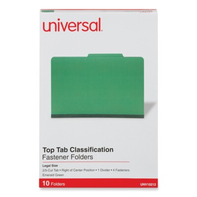 Universal 10212 Pressboard Classification Folders - Legal, Green (10/BX) New