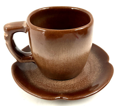 Vintage Frankoma Plainsman Brown Satin Stoneware 5C 8 oz Cup + 5E Saucer EUC