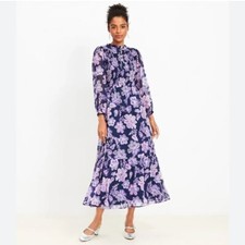 Loft Purple Clip Dot Chiffon Smocked Balloon Sleeve Midi Dress Size 14