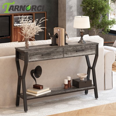 47'' Long Console Table Rustic Entryway Table w/Bottom Shelf & 2 Storage Drawers
