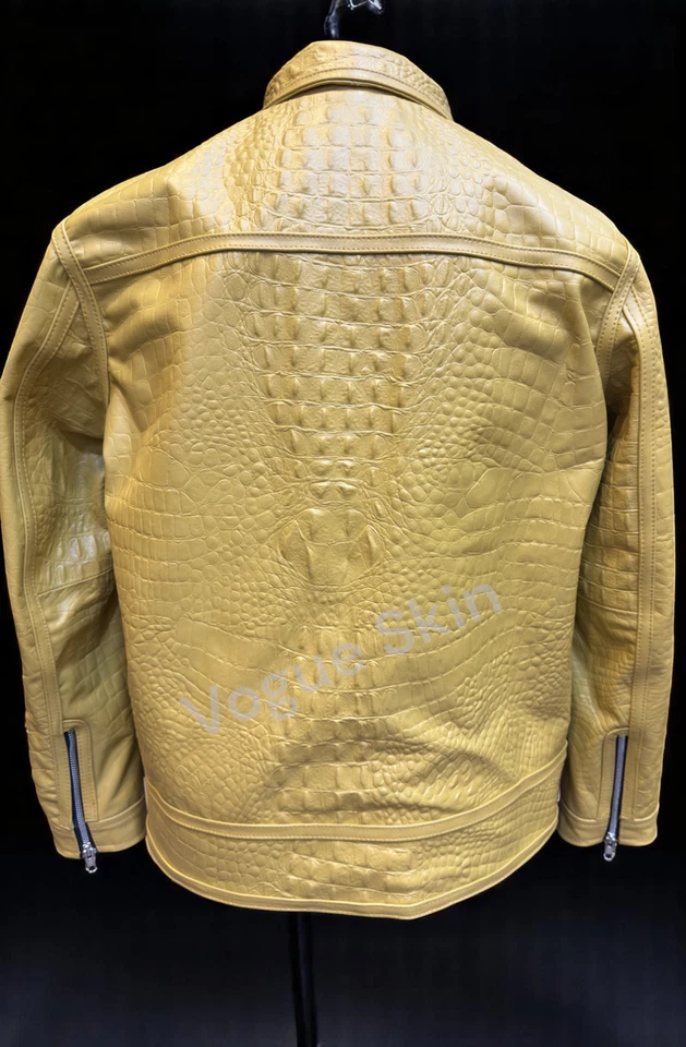 Men's Leather Jacket Yellow Alligator Embossed Pattern Crocodile Leather Jacket - Image 4 of 4