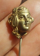 Antique Golden Art Nouveau Hat Pin Of Woman W Swirling Hair And Headscarf