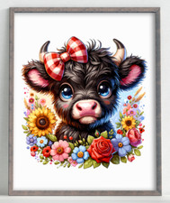 Cow Wall Art Print, Floral Cow Print, Farmhouse Art Home Decor Print 986
