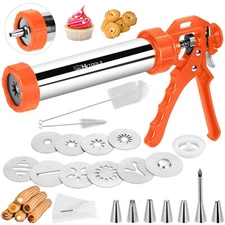 Stainless Steel Cookie Presses with Piping Bag 2 Brushes 10 Discs and 7 Nozzles