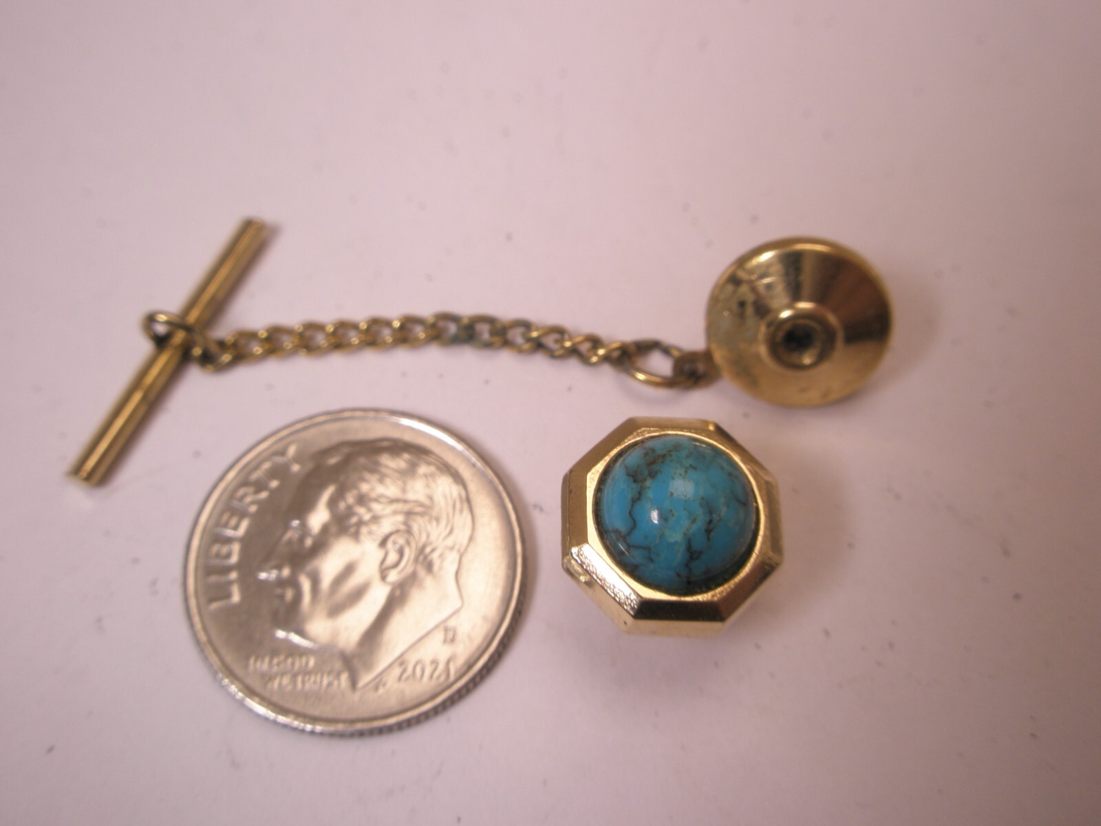 Genuine Turquoise Cabochon Octagon Design Quality Vintage Tie Tack Lapel Pin s80