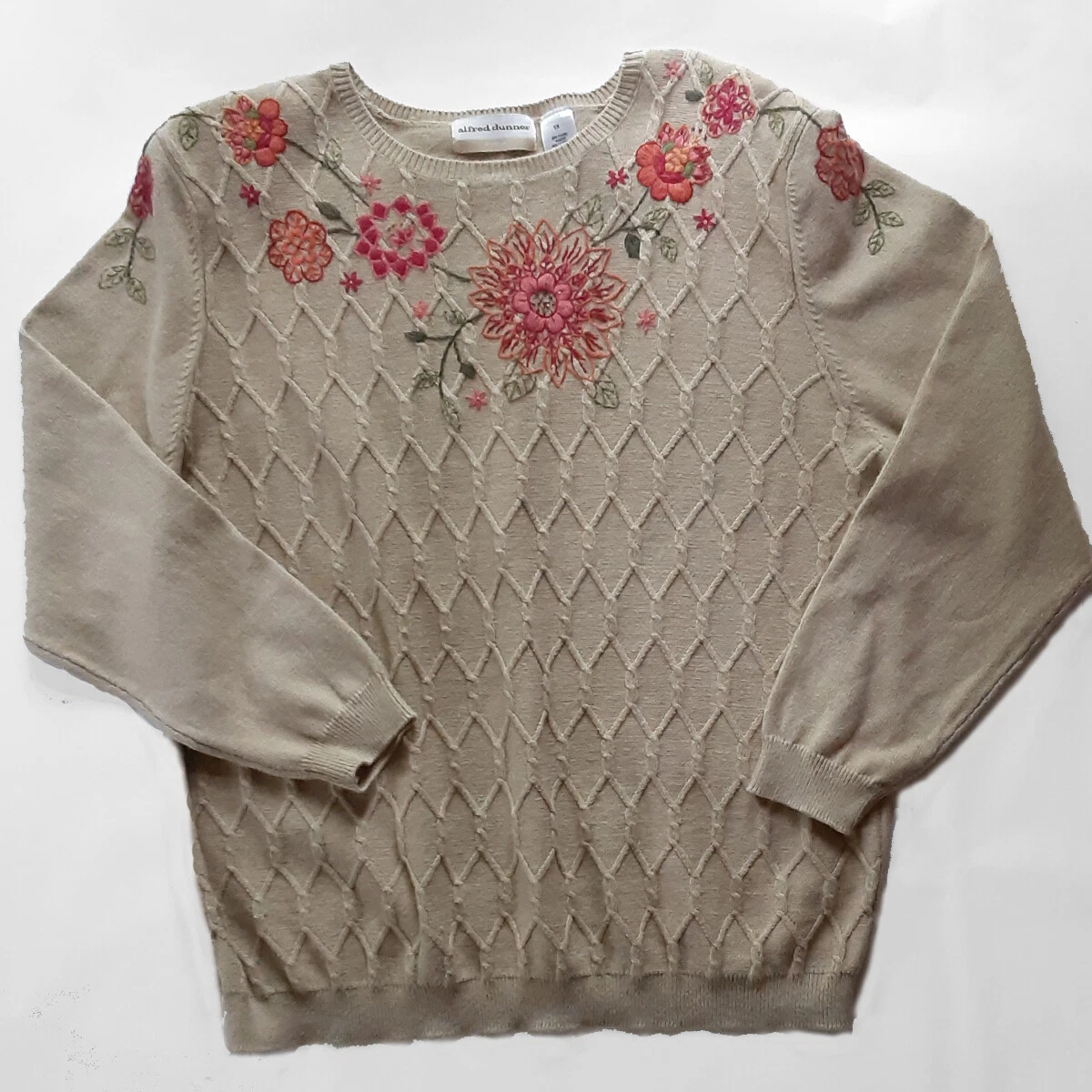 Vintage Size 1X Alfred Dunner Floral Beaded Beige Knit Pullover