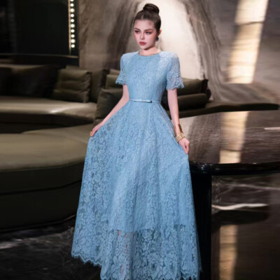 French Style Women's Short Sleeve Lace Long Swing Dress Ball Gown Rhinestone New