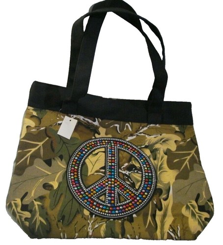 Cameo Studded Canvas Lined Peace Sign 11" Tote Bag Purse Shopper With Black Trim