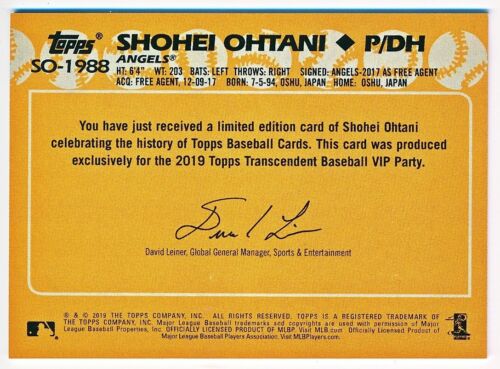 2019 Topps Transcendent Shohei Ohtani Through The Years Rc #SO-1988 (48/50) - Picture 2 of 2