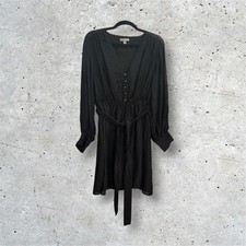 H&M Black V-Neck Long Sleeve Mini Dress with Tie Waist - Size Medium