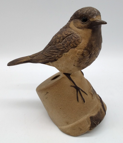 Vintage 70s Poole Pottery Stoneware Wren Perched On A Flower Pot. Bird Figurine.