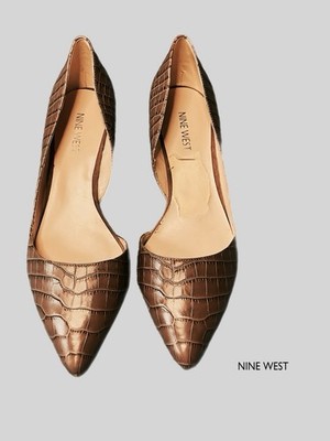 Nine West MAYIO Kitten Heel Pumps 7.5M Brown Croc-Embossed Pointed Toe