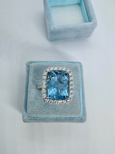 3Ct Emerald Lab Created Aquamarine Halo Engagement Ring 14K White Gold Plated - Picture 2 of 8
