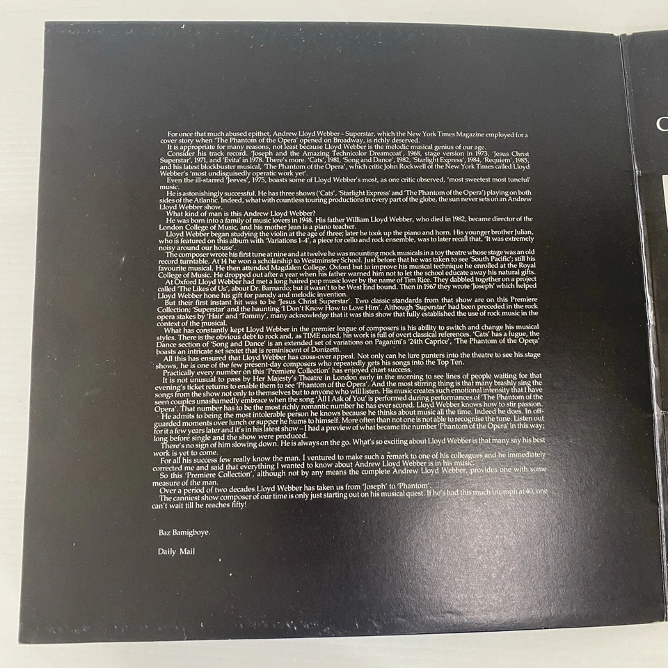 Andrew Lloyd Webber The Premiere Collection LP Record 1988 Cats Phantom Evita - Image 2 of 4