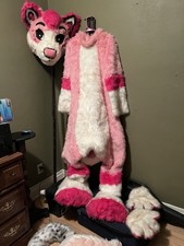 Pink White Faux Fur Fursuit Costume Padded Animal Head Tail Full Body Unisex